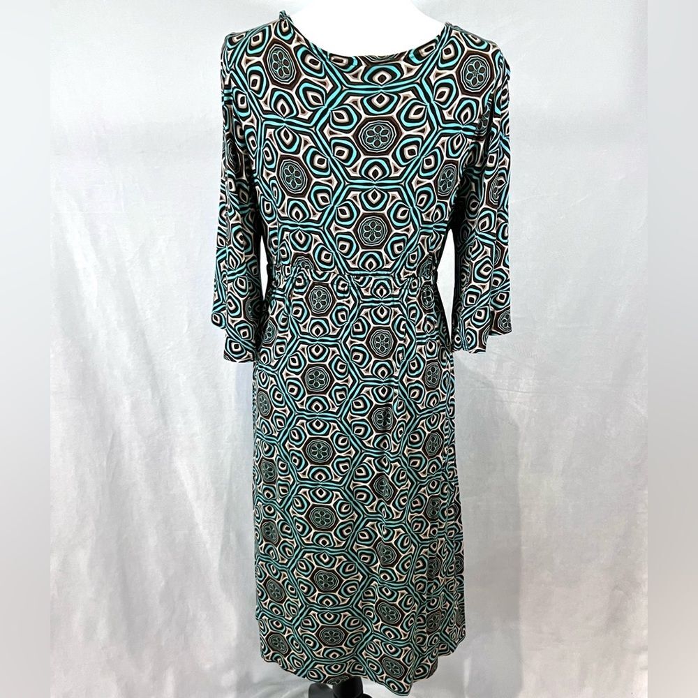 Ivy Jane deep vback aqua and mocha geometric print midi dress size medium